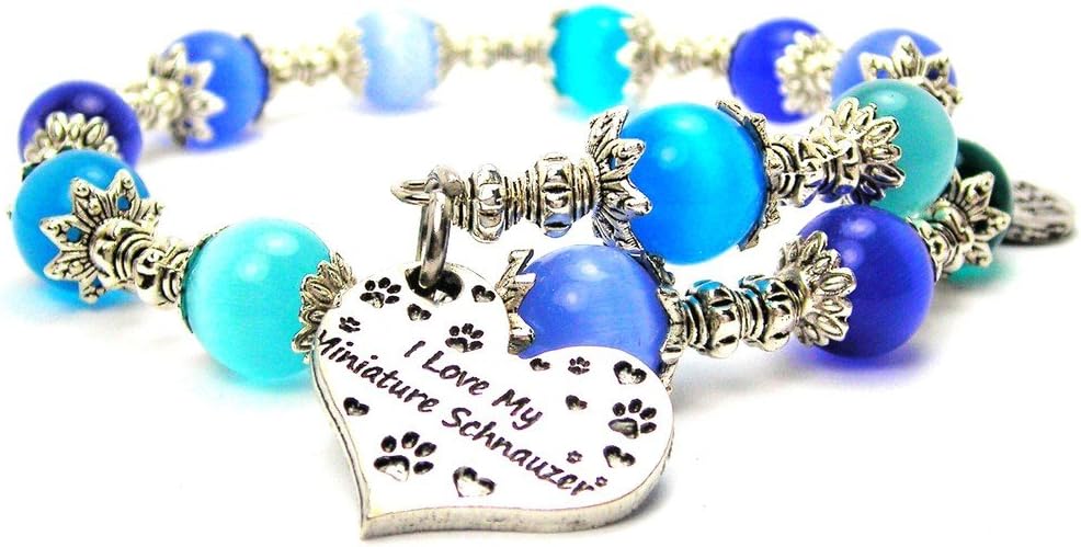 ChubbyChicoCharms I Love My Miniature Schnauzer Heart Cat's Eye Wrap Charm Bracelet in Sapphire Blue and Aqua Blue
