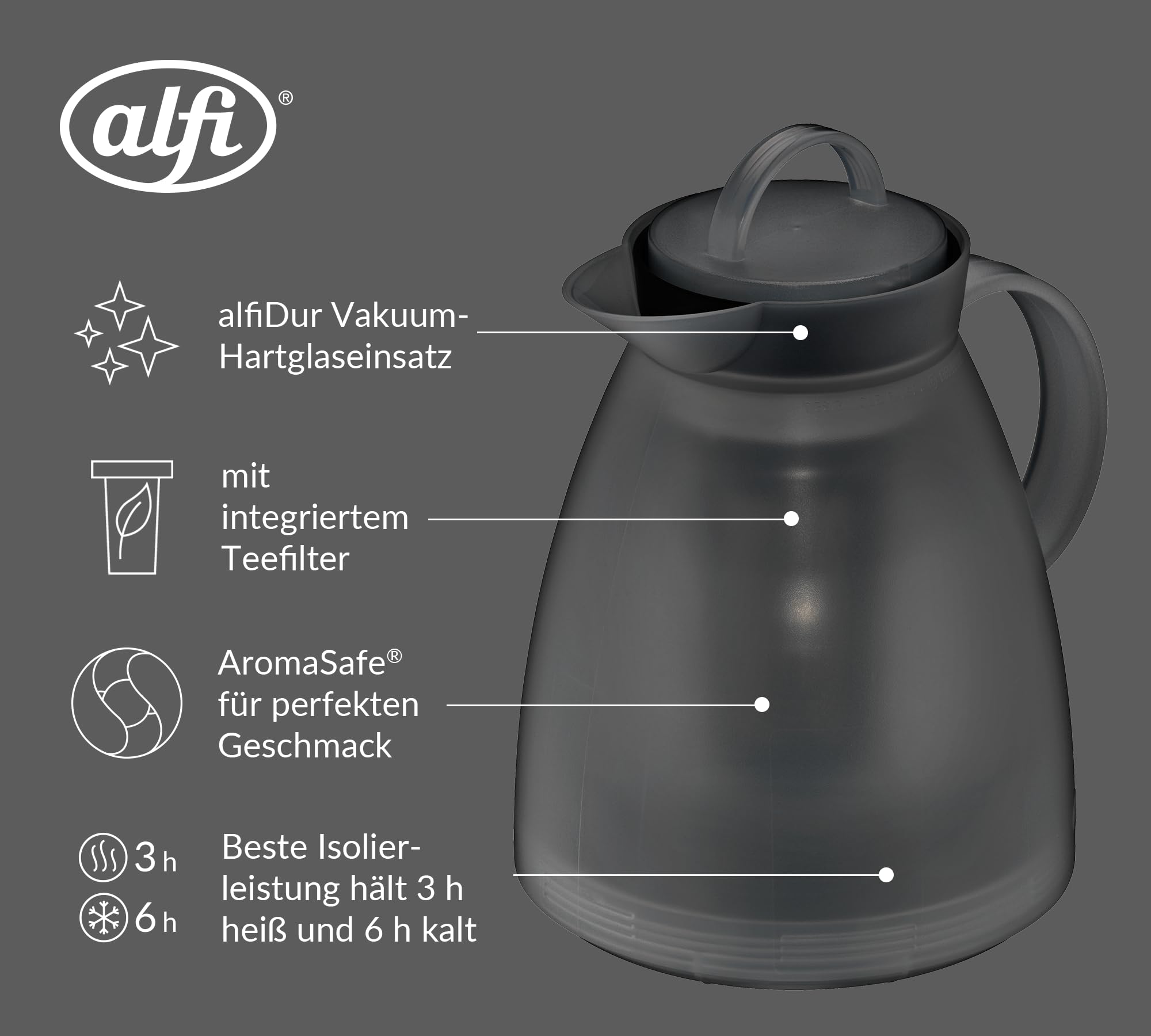 alfi DAN TEA Isolierkanne 0,94 l, 3 h heiß, mit Teesieb, smoke | Teekanne mit integriertem Filter, Thermoskanne mit absolut dichtem Drehverschluss, 6 h kalt, grau transparent