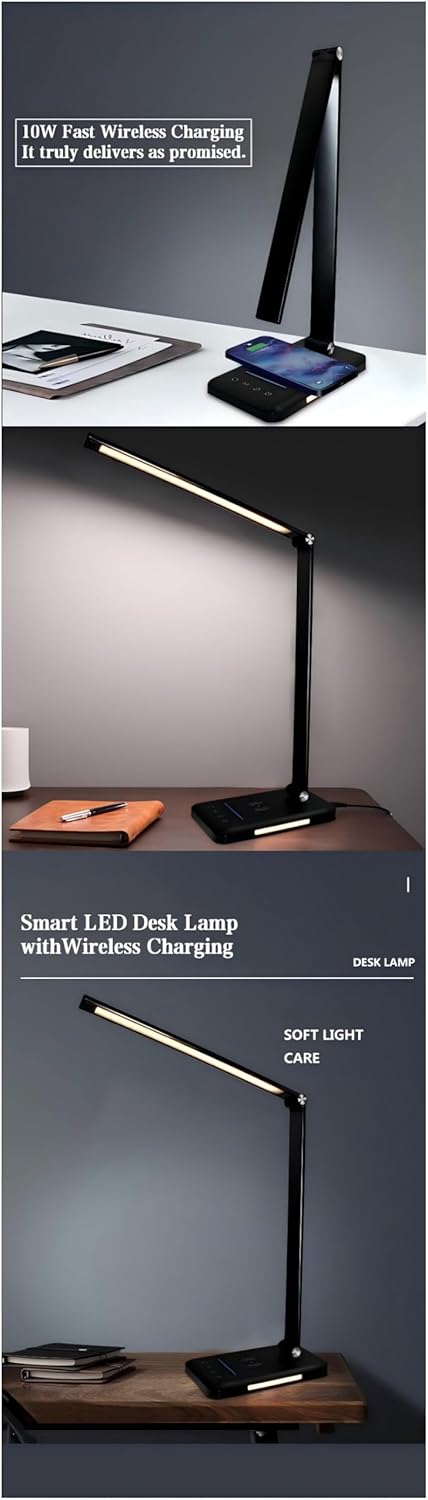 Eye-Caring Study Desk Lamp with Wireless Charger & LED Night Light, Dimmable Reading Light for Student Dorm, Desk, Bedside (10W Wireless Charging Desk Lamp with 5x5 Light Control & Timer |Silver)