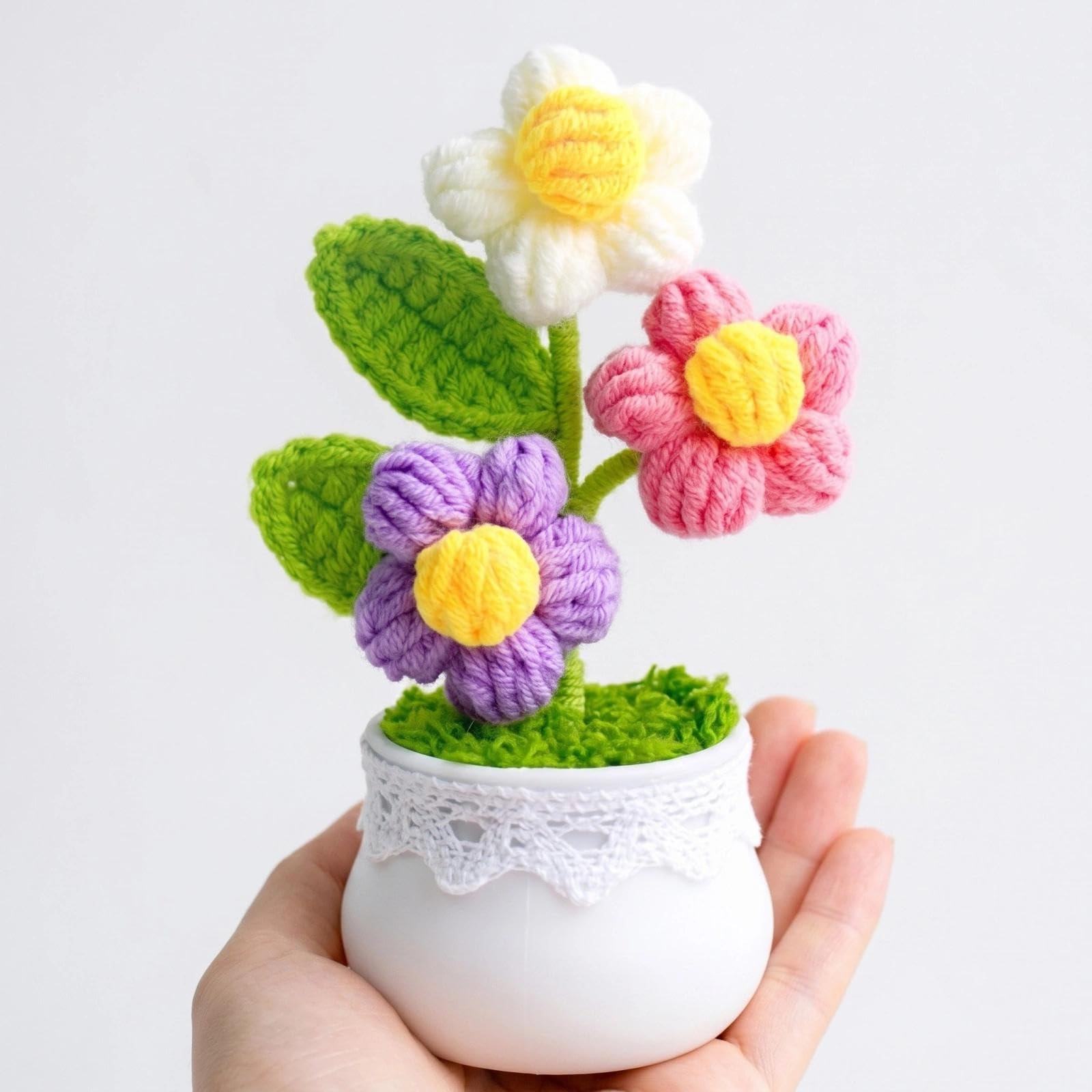MAIQUNE Knitting Crochet Puff Flowers Potted Plants,Handmade Knitted Flower Pot, Gradient Colorful Flower for Friends, Family and Lover, Handmade Flowers for Home Office Decoration, Car Decoration
