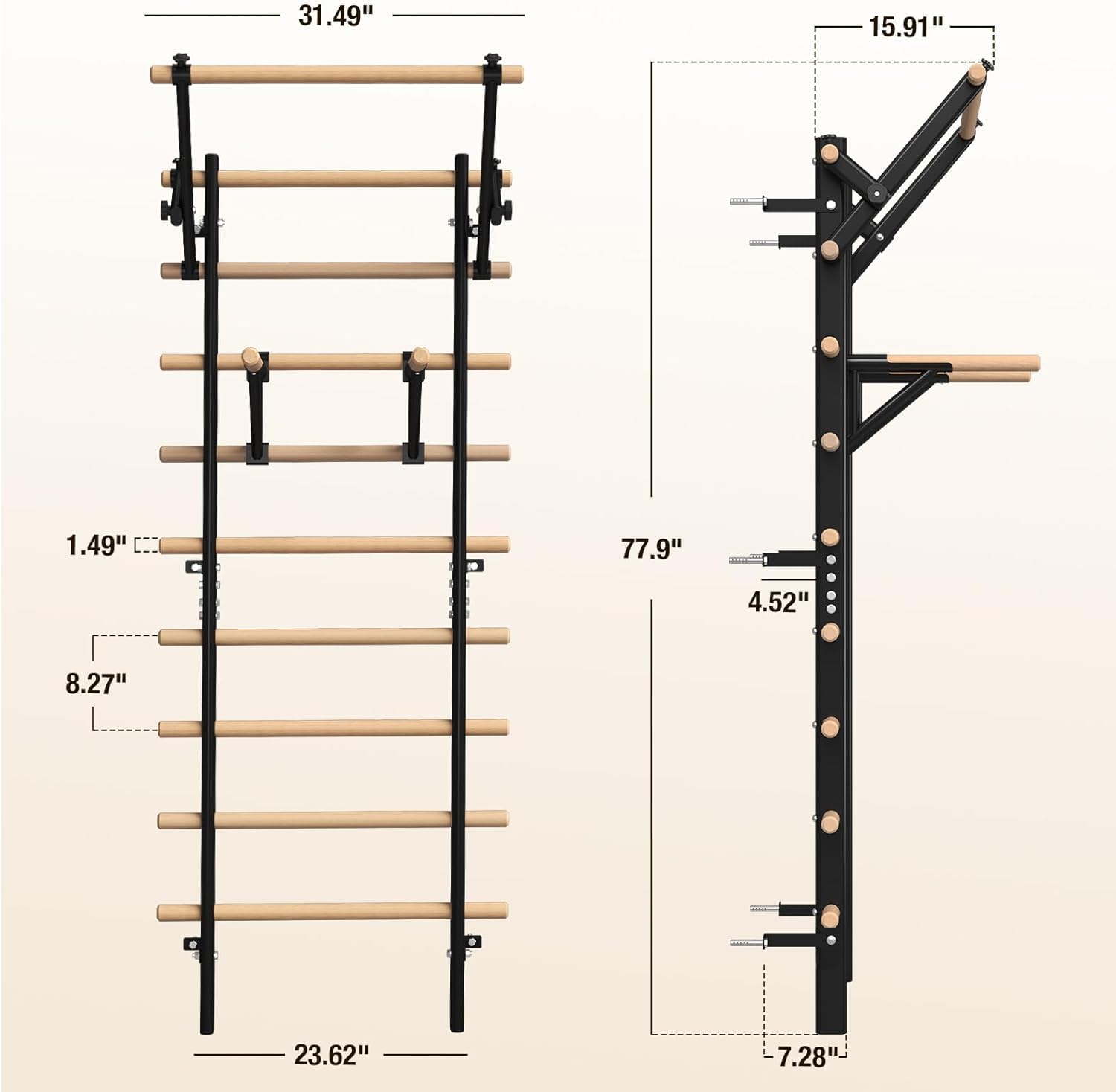 GMWD Swedish Ladder Wood Stall Bar, Suspension Trainer with Pull-Up Bar and Dip Bar Attachments, Wooden Stall Bar with 9 Strategic Rods for Core Strengthening and Stretching Balanced