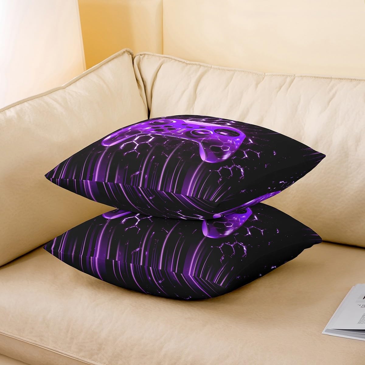 Castle Fairy Gaming Video Game Pillow Case Cover,Honeycomb Hexagon 16"x16" Soft Cushion Cover Reversible Print Single Pack,Cool Gamepad Geometric Decorative Throw Couch Sofa Pillow Cover image 3