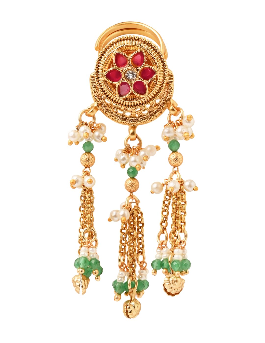 Rajwadi Plated Brass Adjustable Finger Ring with Pearl Beads & Latkan Chain for Women-image-10