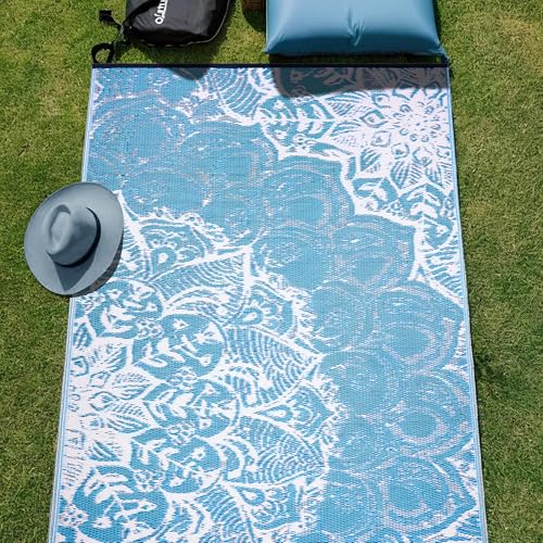 Outdoor Rug Clearance - Waterproof, Reversible, Crease Free, Easy to Clean, Fade Resistant Outdoor Carpet - Recycled Plastic Straw Large Rugs for Patio, Backyard - Deniz Teal 6X9 ft