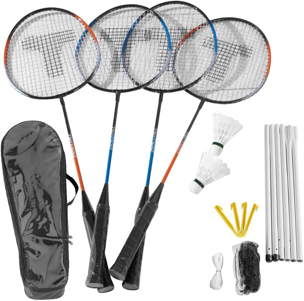 Unibos 4 Player Badminton Set With Racket Poles & Net Shuttlecock Outdoor Garden Family Game Sport With Carry Bag