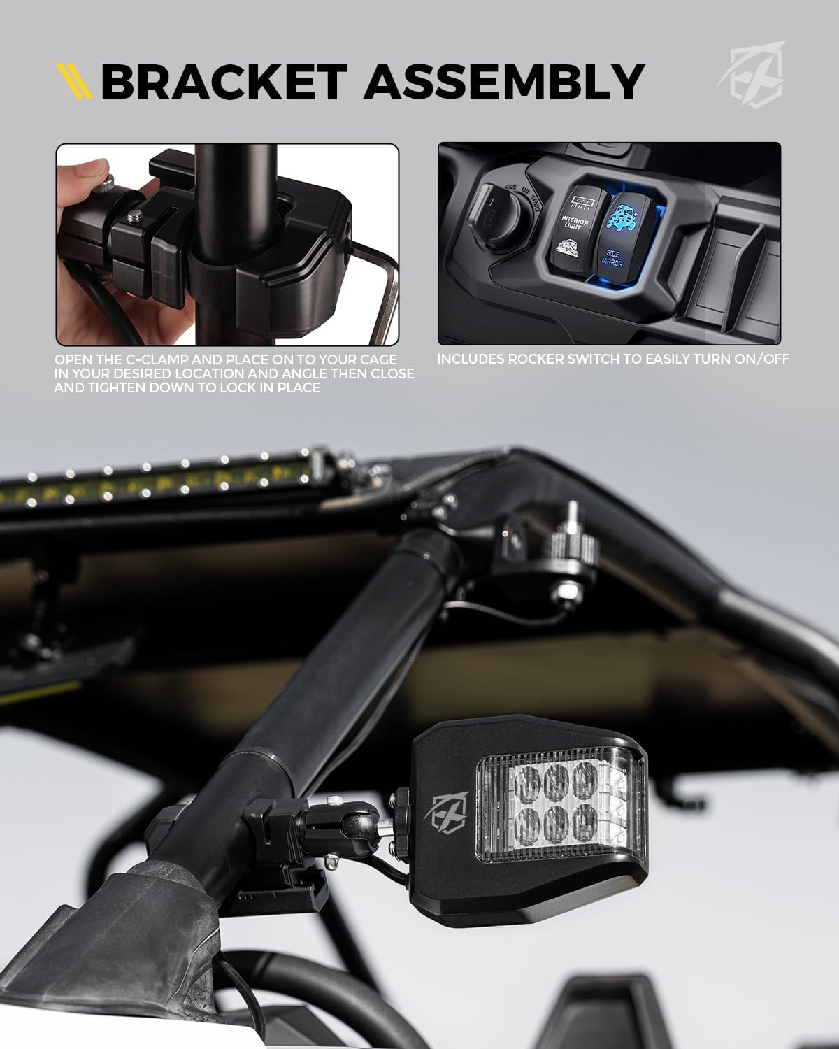 Xprite UTV Side View Mirrors Aluminum with Red LED Spot Lights Clear Lens Hunting Lights Compatible with 1.75"-2" Roll Cage Bar for Pioneer Polaris RZR SXS Can Am Kawasaki Teryx Mule Yamaha
