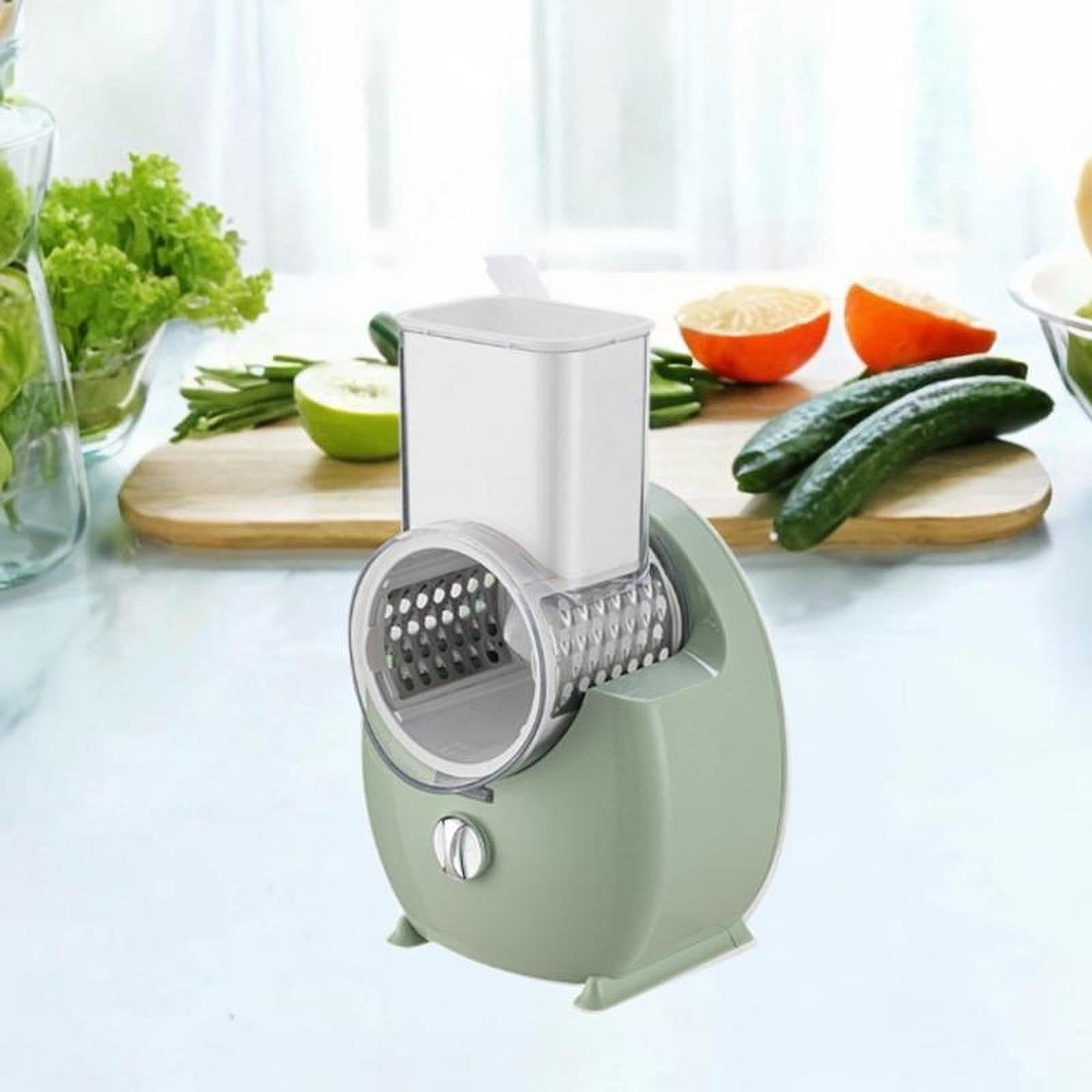 Fenteer Grattugia elettrica per Formaggio Affettatrice per Verdure con da 3 Pezzi Trituratore a Tamburo Rotante Multifunzionale per Carote e cetrioli, Verde