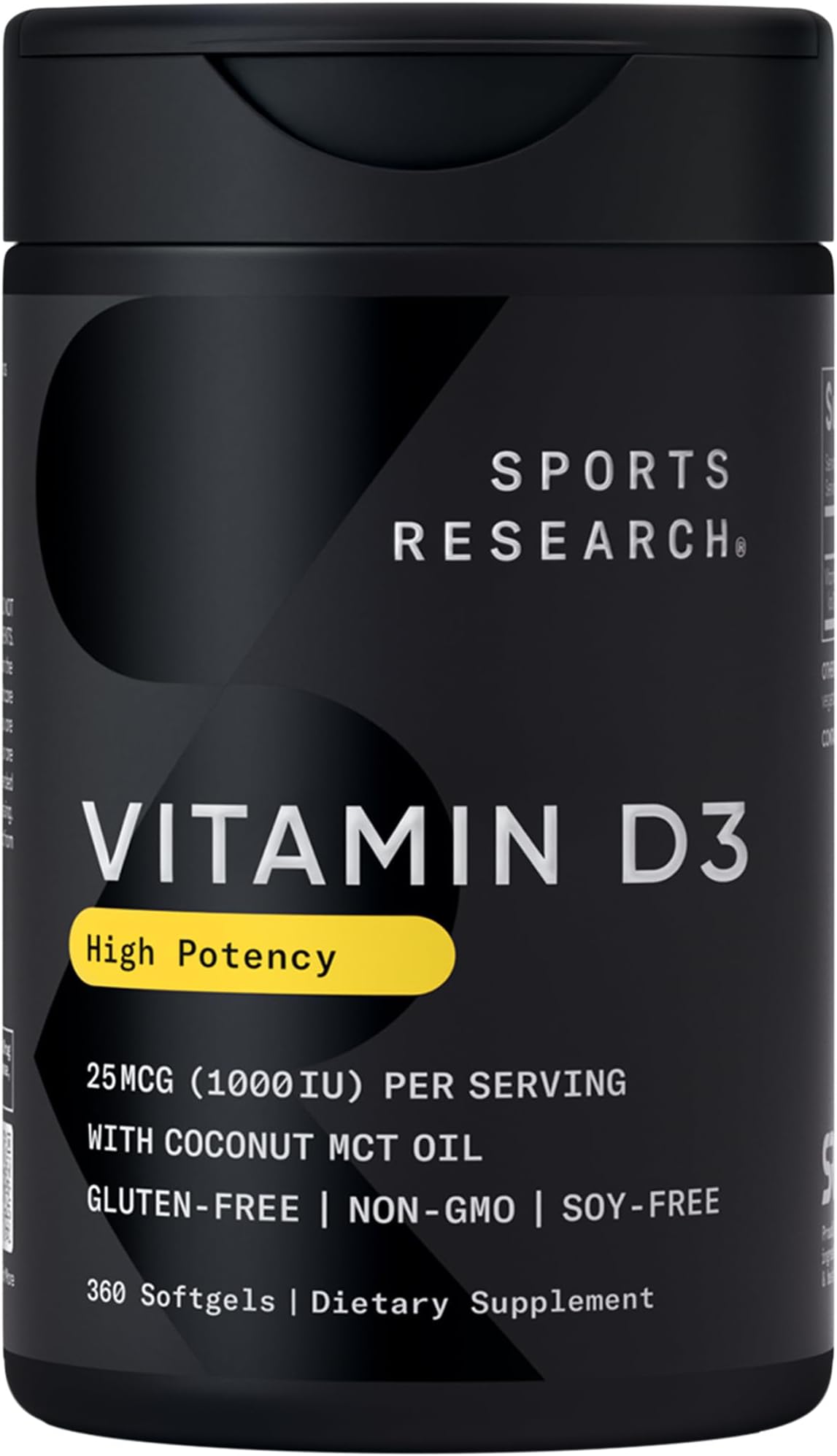 Sports Research® Vitamin D3 1000 IU with Coconut MCT Oil - High Potency Vitamin D Supplement for Immune & Bone Support - Gluten Free · Non-GMO · Soy Free - 360 Count Softgels