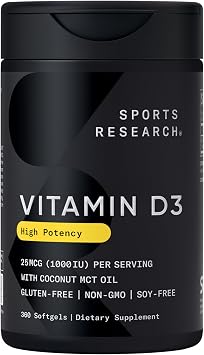 Sports Research Vitamin D3 1000iu/25mcg with Coconut Oil, 360 Softgels | High Potency Vitamin D Supplement | Immune, Bone, Mood Support | Non-GMO, Soy Free - 360 Servings