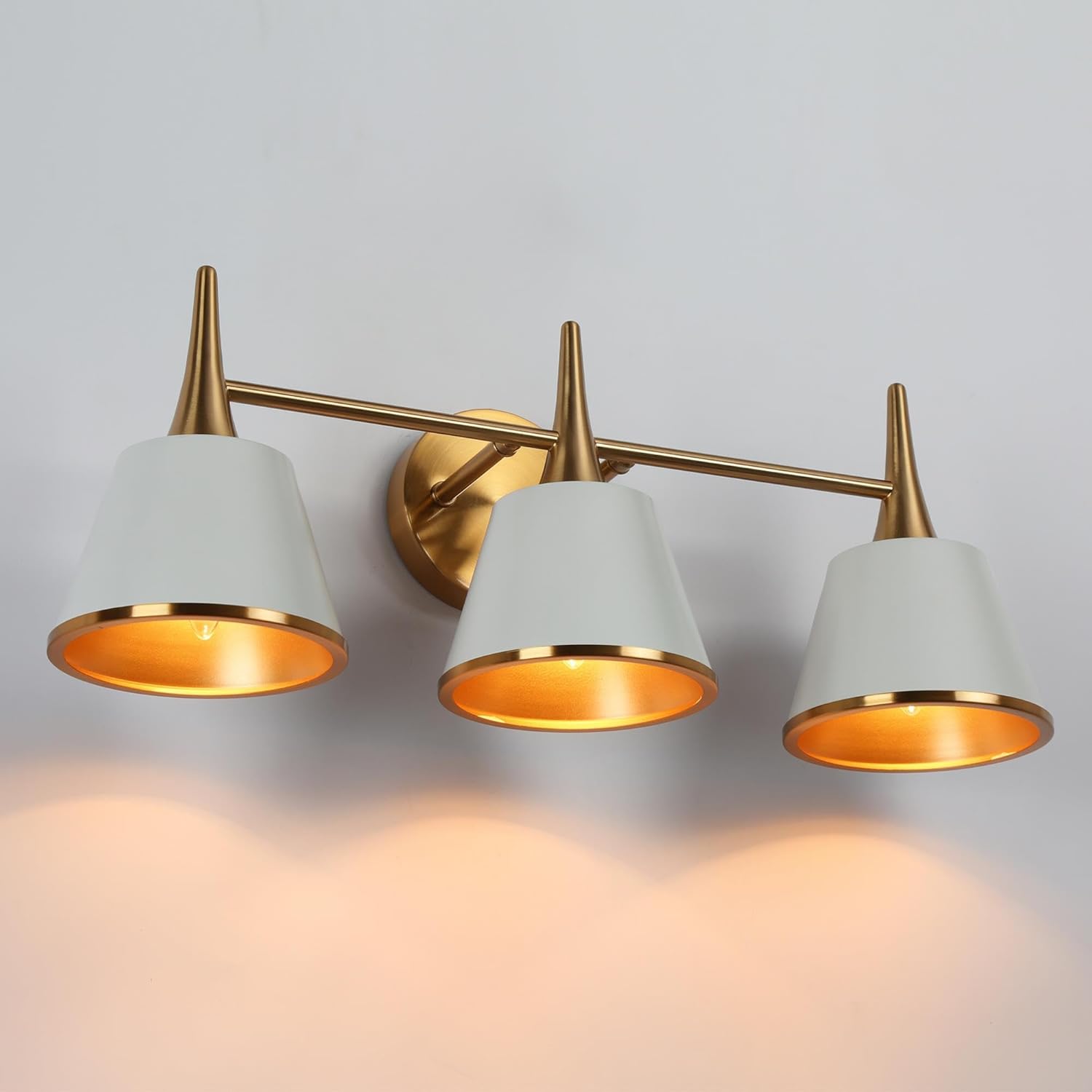 Gold Bathroom Vanity Light, 3-Light Modern Vanity Lights for Bathroom, Farmhouse Bathroom Light Fixtures Over Mirror, Matte White and Plating Brass Finish