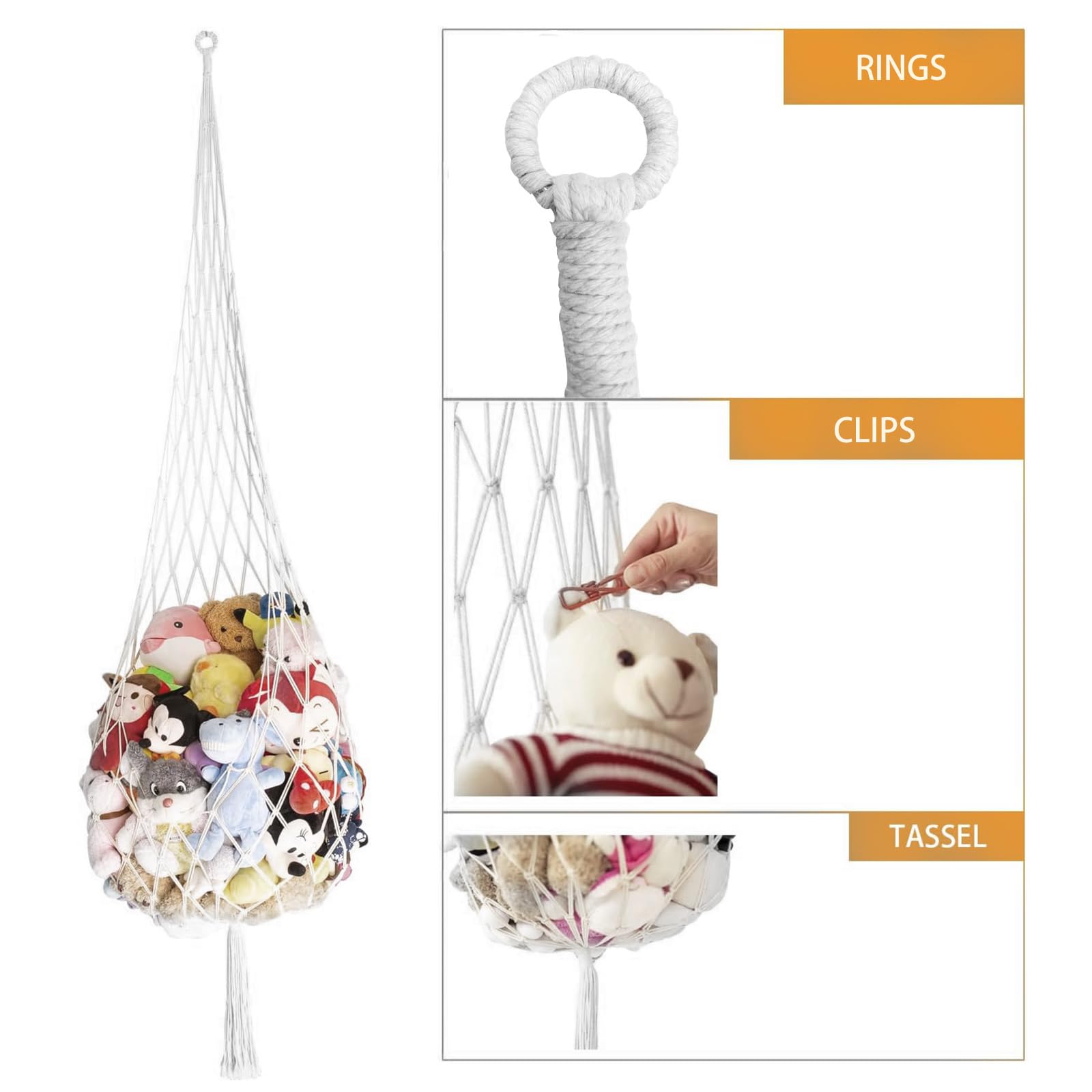 Makramee Plüschtier Netz, Stofftier Aufbewahrung Netz, Spielzeug Hängematte Netz, Kuscheltiere Teddy Eckspielzeug Netz für Schlafzimmer Ecken, Wände und Decken