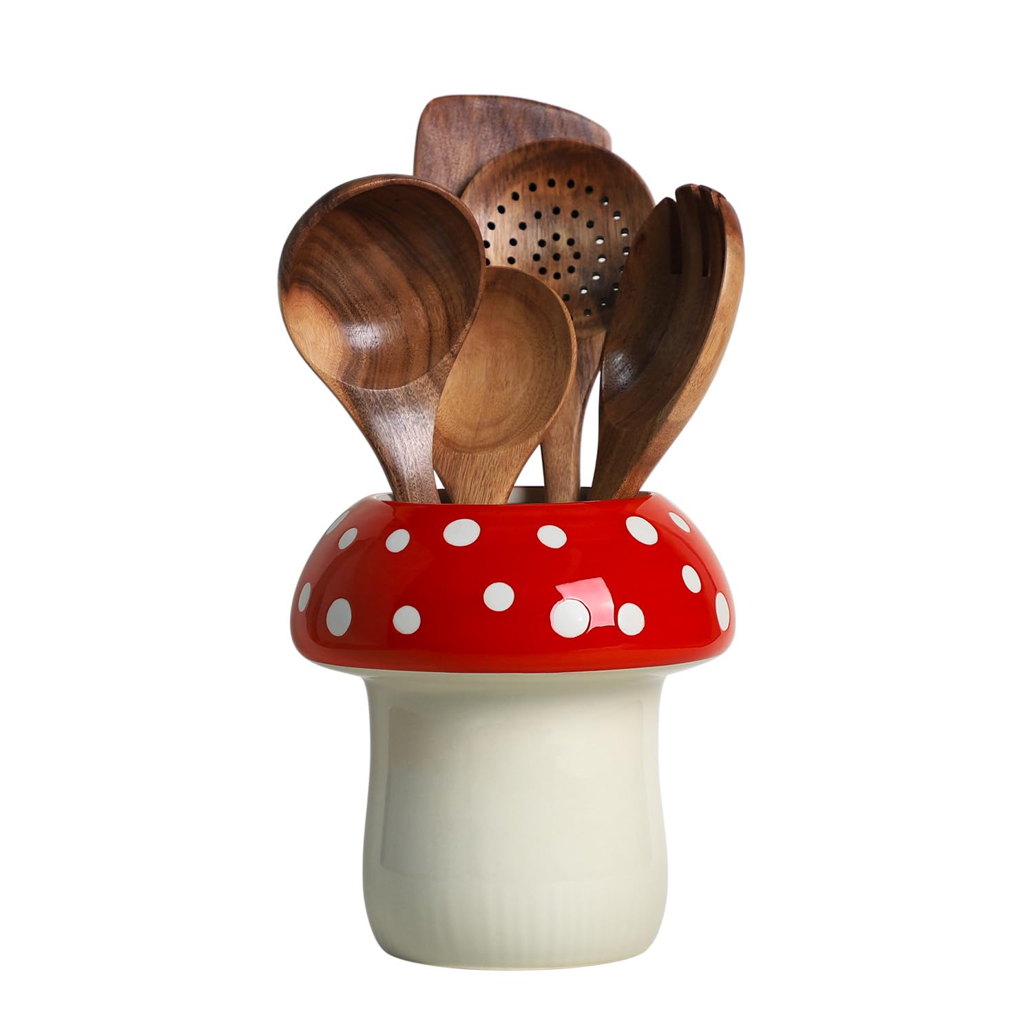 Bicuzat Mushroom Shaped Ceramic Kitchen Utensil Holder, Large Cooking Utensil Crocks for Kitchen Countertop, Ceramic Utensil Organizer for Spatula, Kitchen, Home Decoration-Red