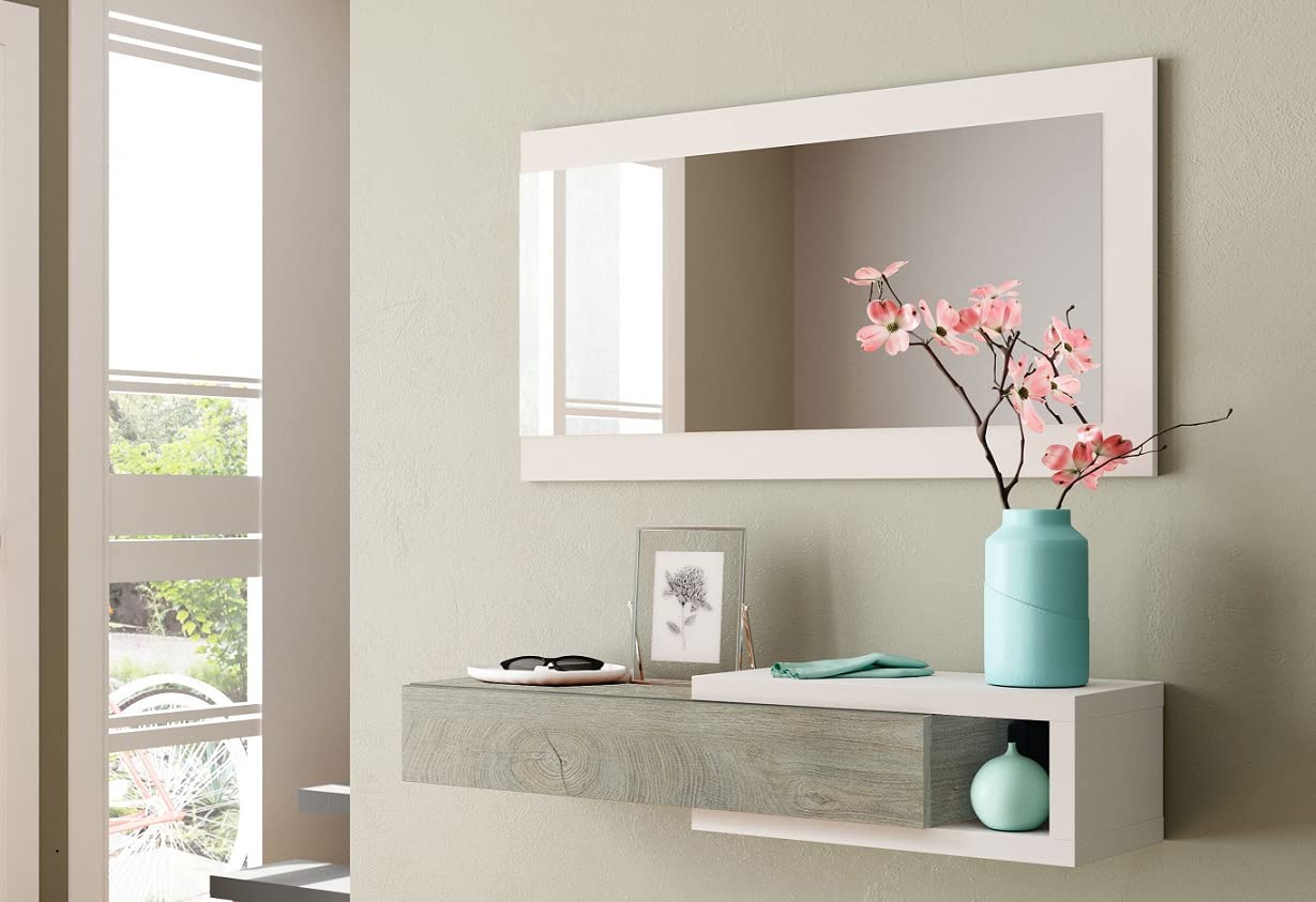 Mobile da Ingresso sospeso Bianco Opaco e Rovere con cassetto e Specchio - Rovere e Bianco