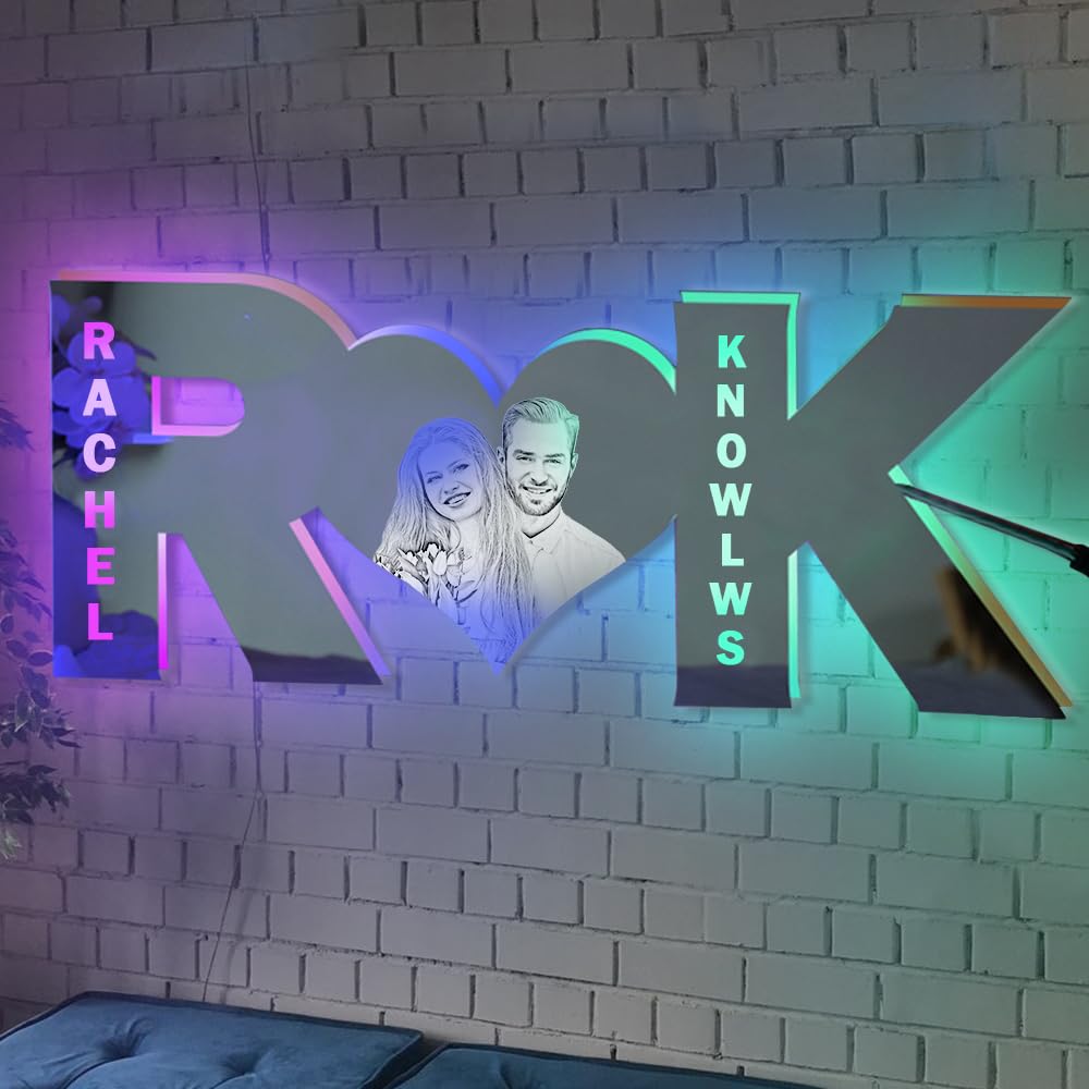 Personalized Couple Letter Heart Photo LED Mirror Light, Custom Name Multi Colour LED Light Up Mirror Wall Decoration, Christmas Wedding Birthday Room Decor Gifts for Wife, Girlfriend, Kids