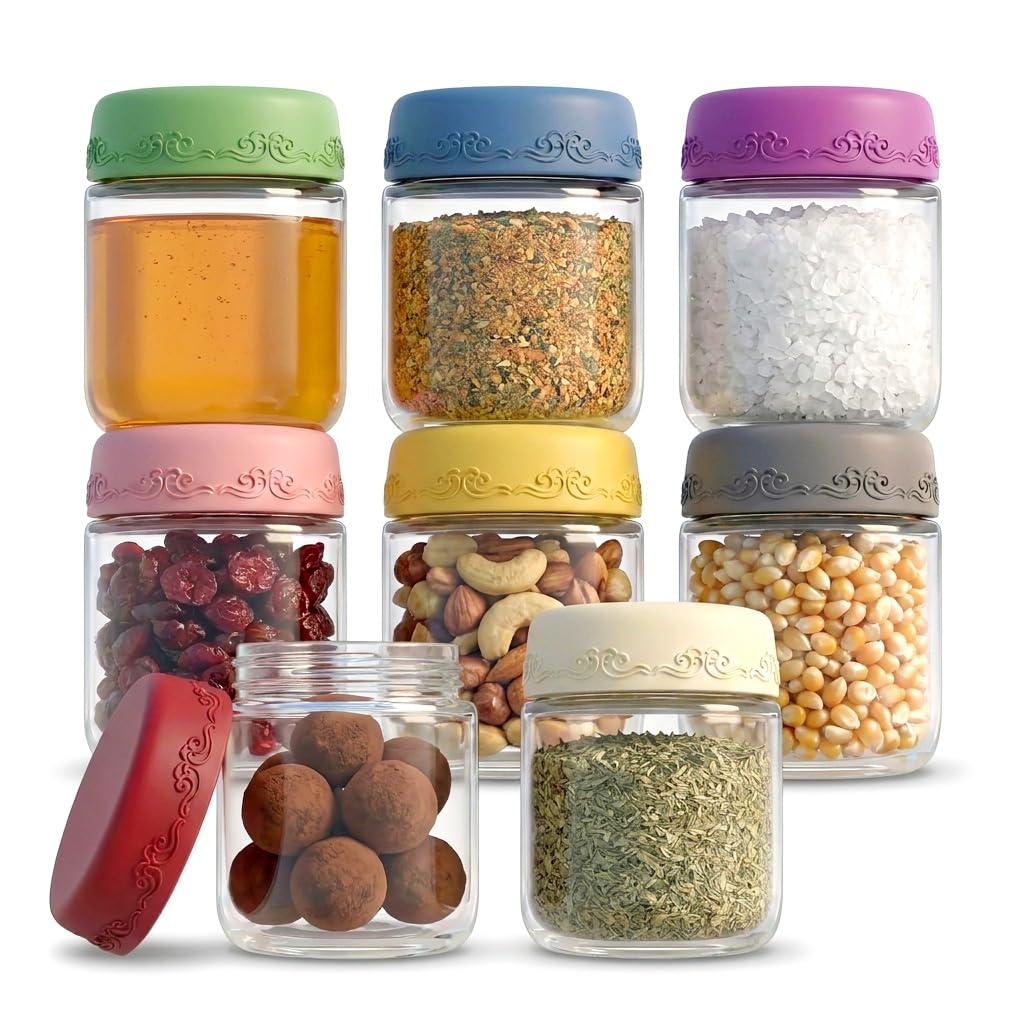 GLATABAM 4 OZ Salad Dressing Jar, 8 Pack Airtight Leakproof Small Glass Sauce Jar with Lids