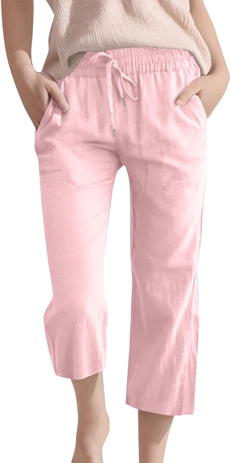 Teen Girls Cotton Linen Capri Pants Baggy Preppy Cropped Palazzo Pants Kids Summer Lightweight Elastic Waist Trousers