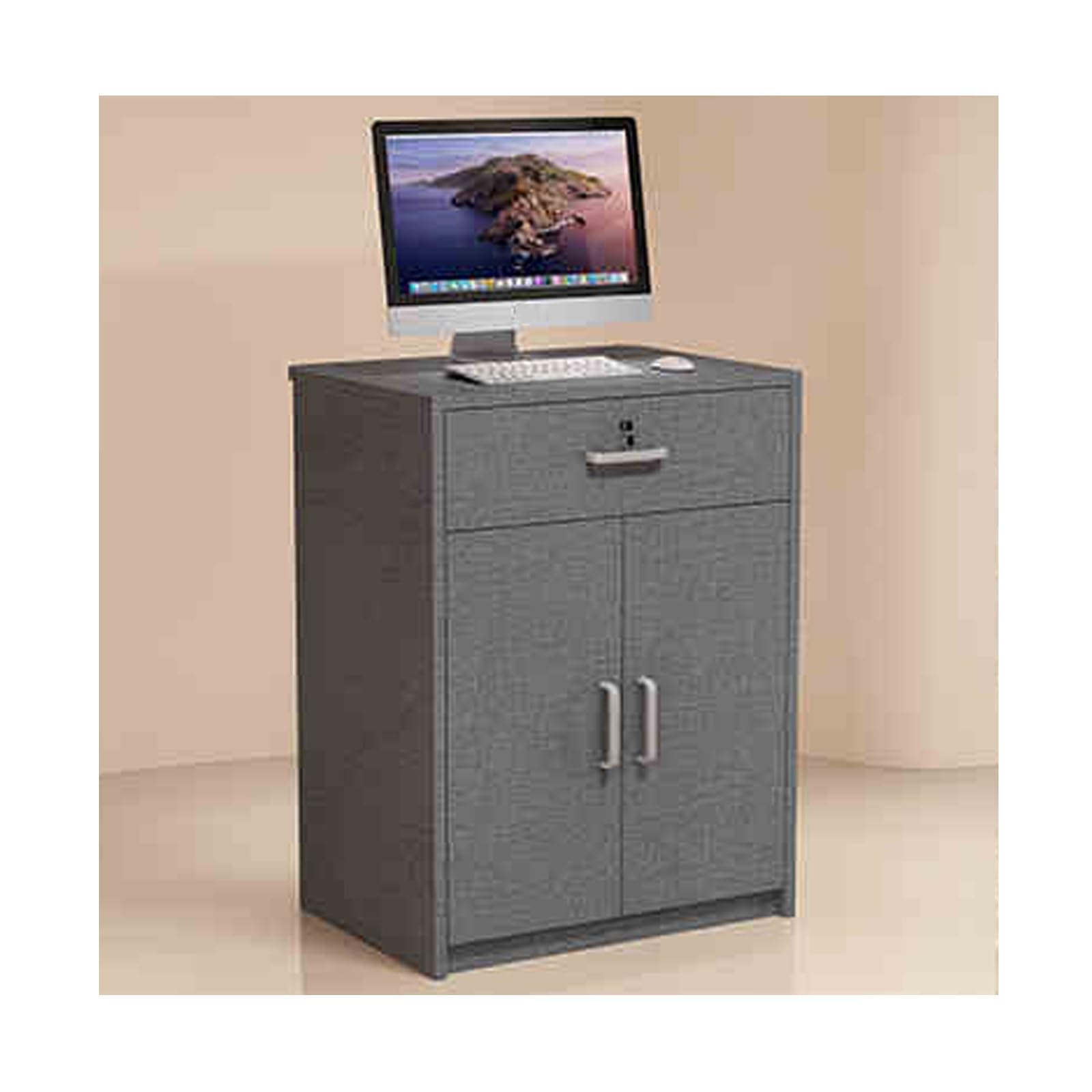 Contatore registratore di cassa grigio a forma di L con cassetto bloccabile, 60 cm, soluzione di archiviazione efficiente per aziende al dettaglio e nel settore alberghiero