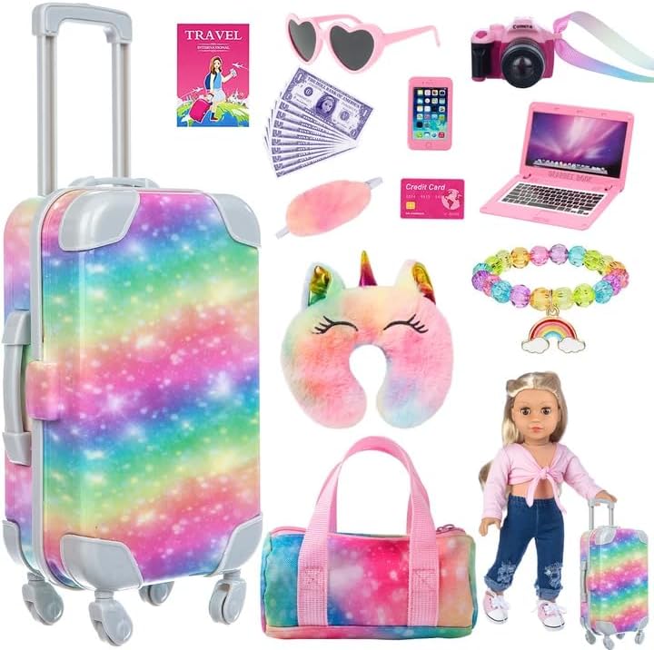 23 PC 18 inch Doll Accessories Suitcase Rainbow Travel Set,Suitcase, Bag, Camera, Computer, Cell Phone, Neck Pillow, Eye Mask etc Gift for Birthday Christmas (Doll & Clothes not included)