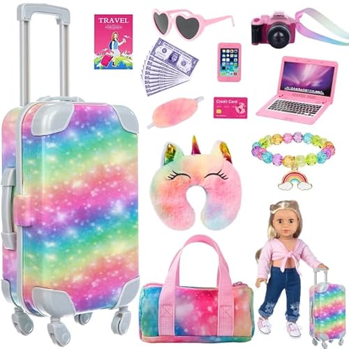 ZITA ELEMENT 23 PC 18 inch Doll Accessories Suitcase Rainbow Travel Set,Suitcase, Bag, Camera, Computer, Cell Phone, Neck Pillow, Eye Mask etc Gift for Birthday Christmas (Doll & Clothes not