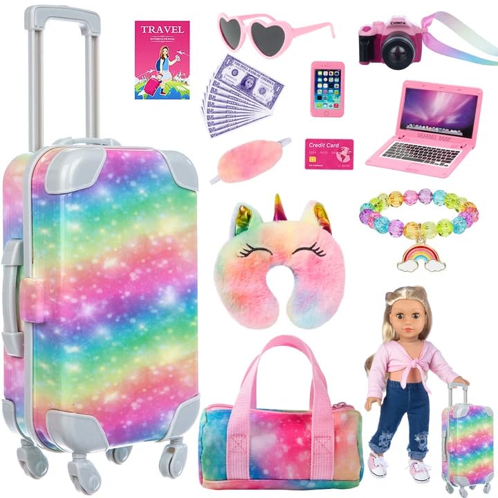 – ZITA ELEMENT 23 PC 18 inch Doll Accessories Suitcase Rainbow Travel Set,Suitcase, Bag, Camera, Computer, Cell Phone, Neck Pillow, Eye Mask etc Gift for Birthday Christmas (Doll & Clothes not included)