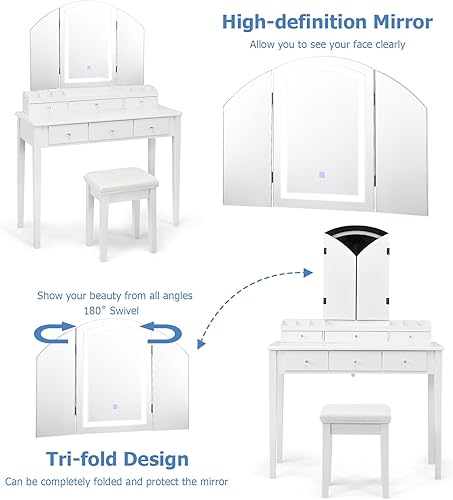 Miniatura 10 de LDAILY Juego de tocador con espejos plegables iluminados escritorio de tocador con taburete acolchado cajones y compartimentos de almacenamiento
