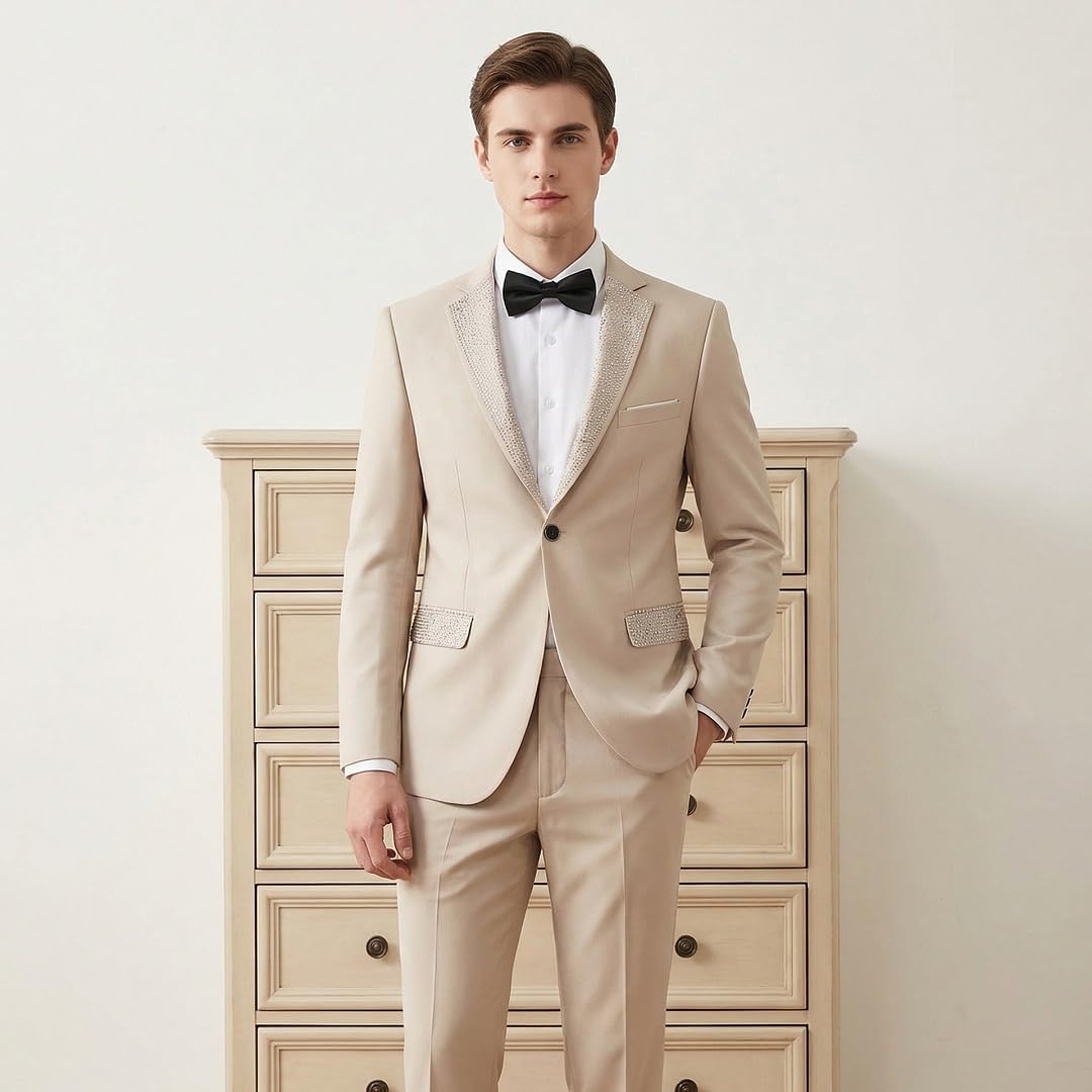 Completo da Smoking Uomo 2 Pezzi Giacca Blazer con Risvolto Decorata con Strass e Pantaloni, Abito Elegante Slim Fit per Matrimonio