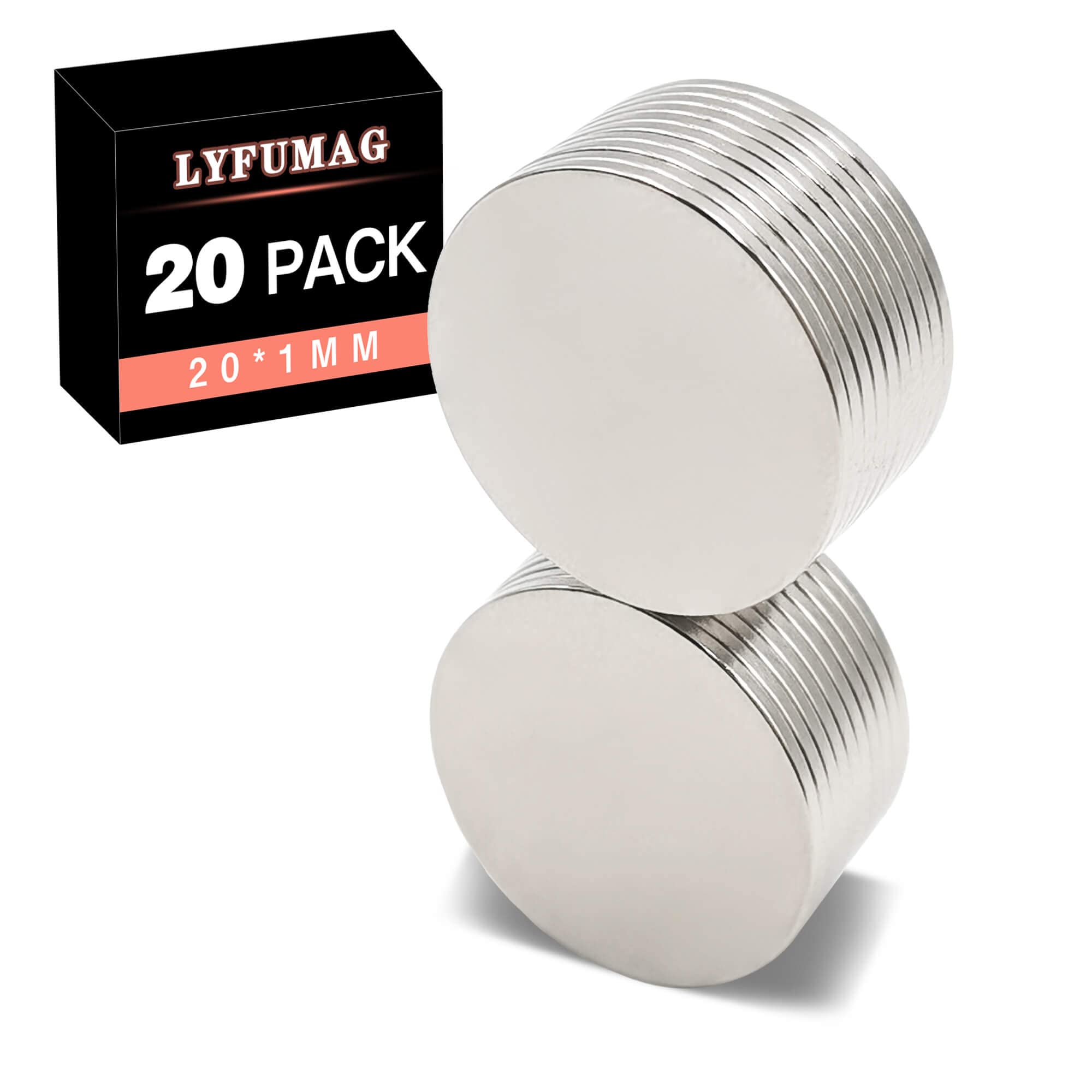 LYFUMAG Round Neodymium Magnets, N35, 20x1mm, Pack of 20, Ni+Cu+Ni Triple Layer Coated, Rust Resistant, Strong for Fridge, DIY, Building, Science, Craft, Office