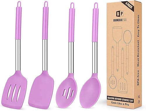 Miniatura 11 de Juego de 4 utensilios de cocina de silicona, espátulas grandes y sólidas antiadherentes, cucharas ranuradas de acero inoxidable color caqui