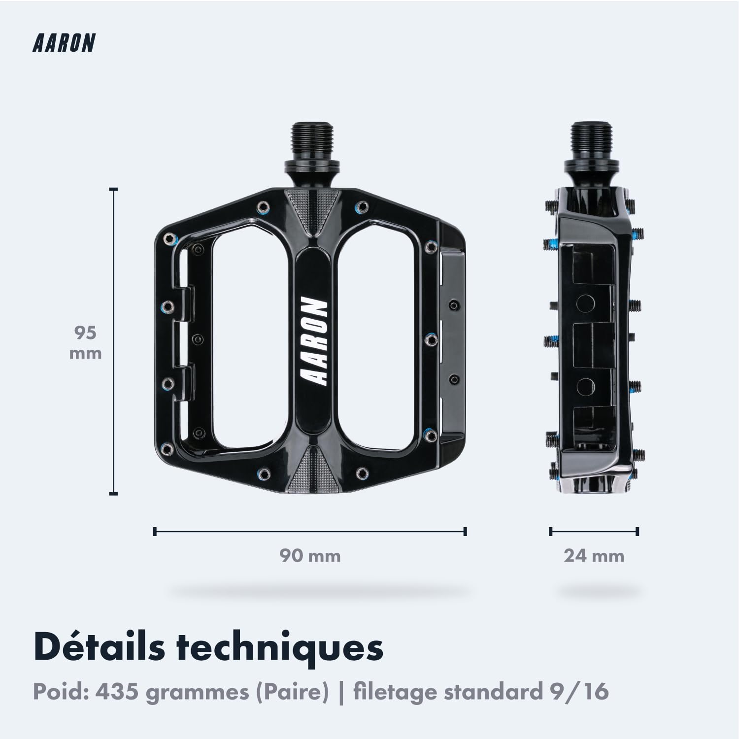 AARON - Pédales de VTT Rock - en Aluminium/à Plateforme - avec roulements à Billes industriels étanches/Picots Amovibles antidérapants - pour vélo électrique/VTT/VTC/Autre