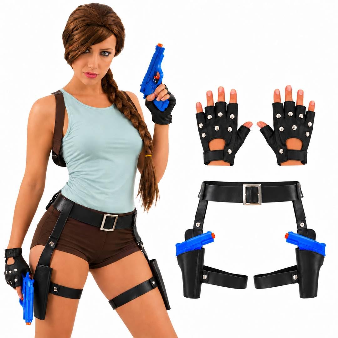 LOVETRENDS Adults Temple Raider Costume Accessory Set – Faux Leather Gun Holster Belt, 2 Blue Plastic Props & Studded Fingerless Gloves – Halloween & Tomb Lara Movie Fancy Dress