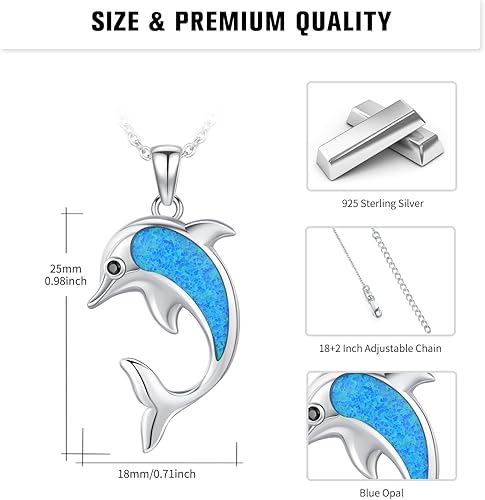 Miniatura 3 de TUGHRA 925 Sterling Silver Ocean Necklace Summer Jewelry SharkDolphin Pendant Necklaces Blue Opal Ocean Necklace Cute Ocean Animal Gift for Women