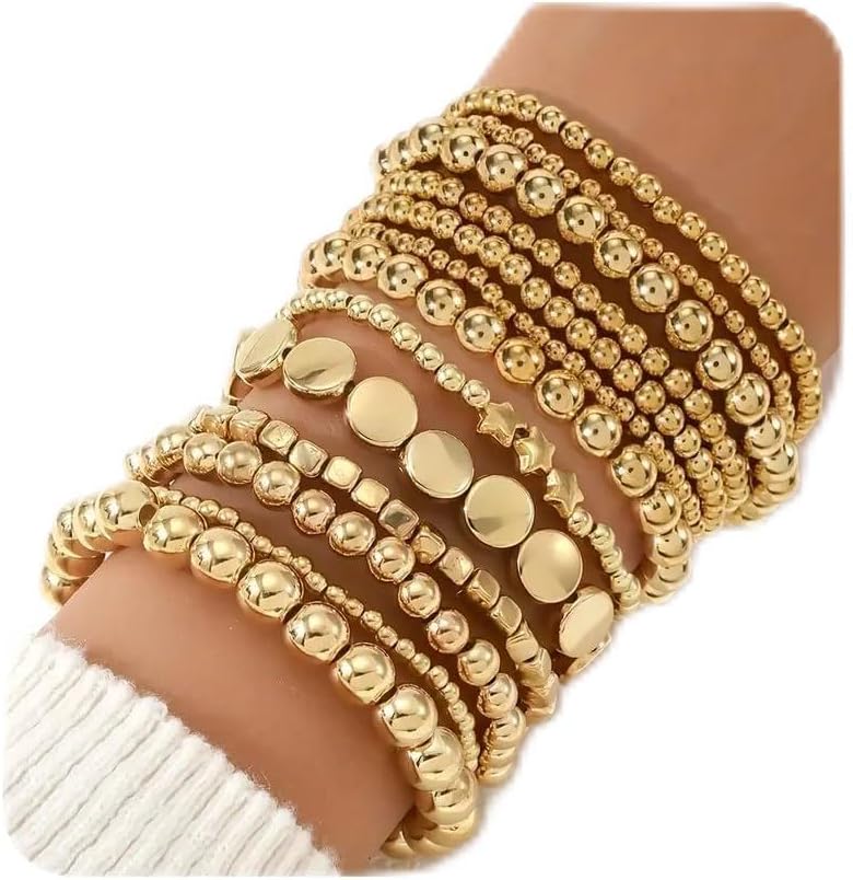 ÌF ME 16 PCS Gold Bead Bracelet for Women, Gold Beaded Stretch Plated Stackable Strand Bead Ball Bracelets stack Adjustable Jewelry Set for Gifts