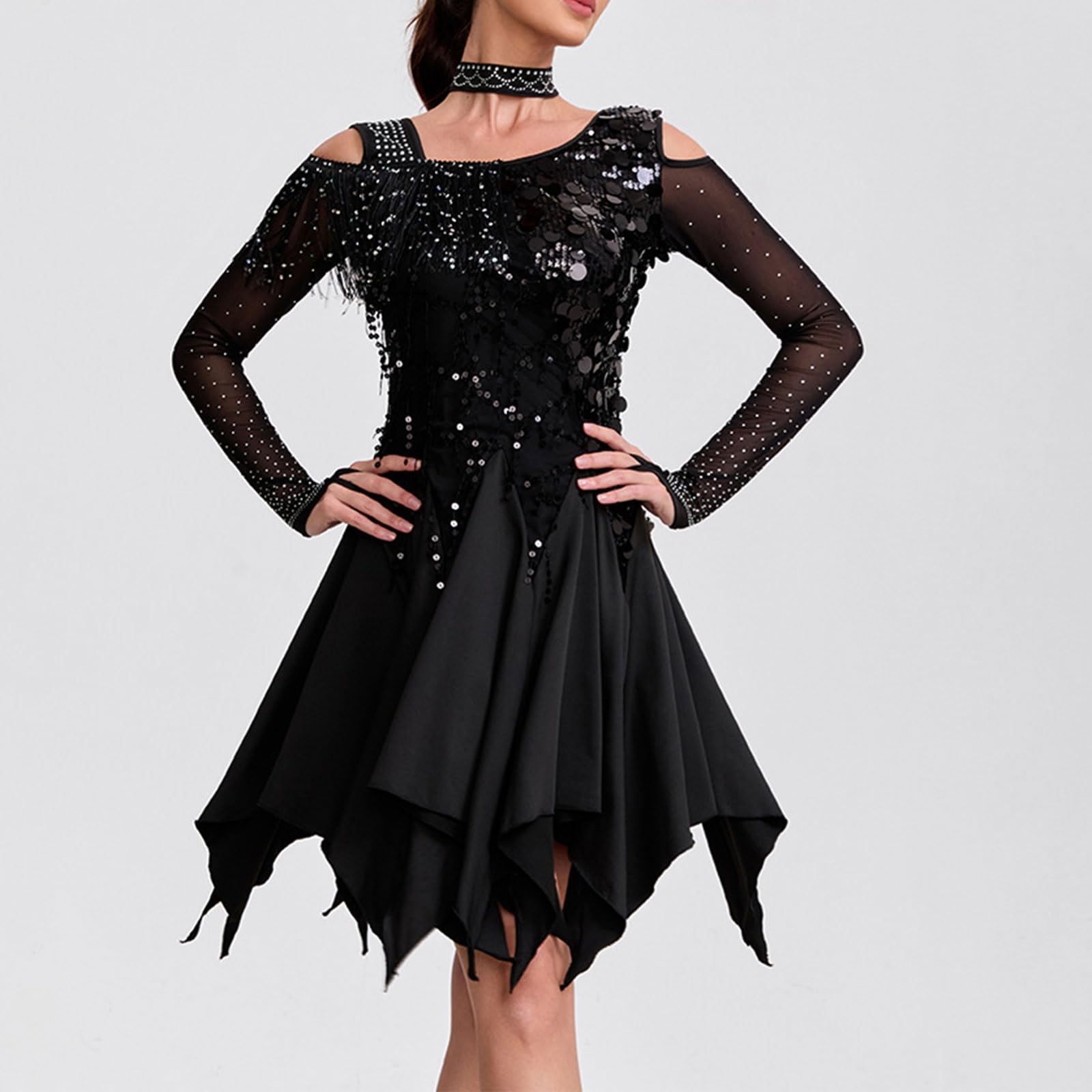 Warmes, langärmeliges Latein Tanzkleid, glitzernde Fransen, ideal für kaltes Wetter, Pailletten Fransenkleid