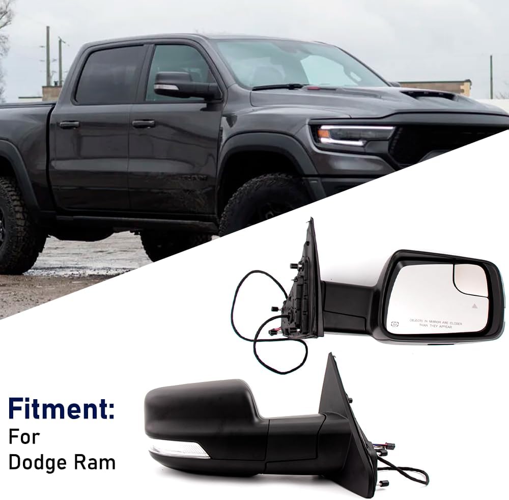 Door Mirror Fit For Dodge Ram 1500 2019-2025 Assembly Painted Black Power Heated Manual Folding with Turn Signal Light Puddle Light Blind Spot Glass 9P Right Passenger Side (W/O Camera)