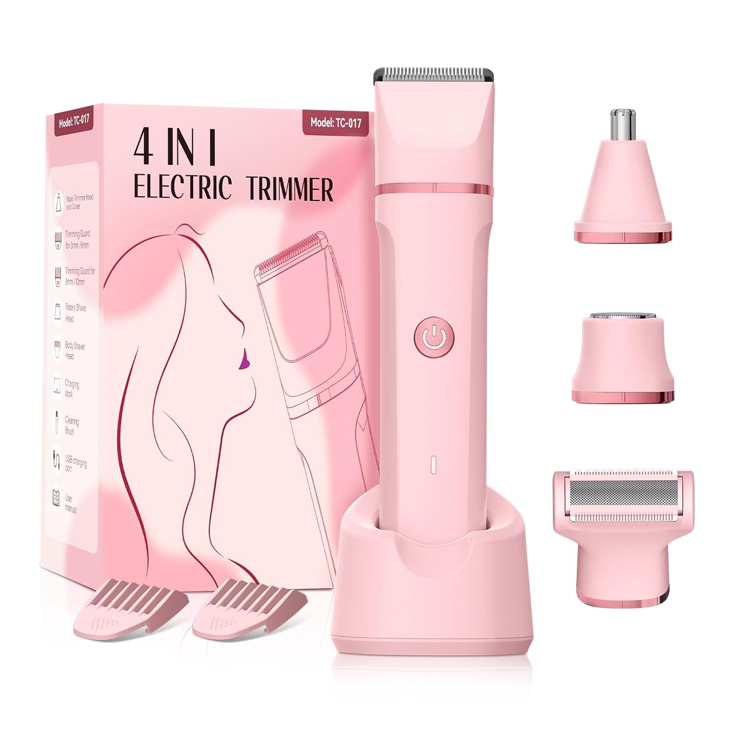 Bikini Trimmer for Women - 4 in 1 Electric Razors for Women, Waterproof Body Pubic Hair Electric Shaver for Womens, Replaceable Facial & Nose Hair Razor, Rechargeable Grooming Kit, Pink