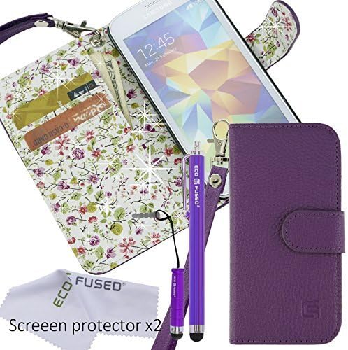 Eco-Fused Case Bundle for Samsung Galaxy S5 Mini Including Faux Leather Cover with Floral Interior/Lanyard / 2 Stylus Pens / 2 Screen Protectors/Microfiber Cleaning Cloth – Wallet Slots Inside