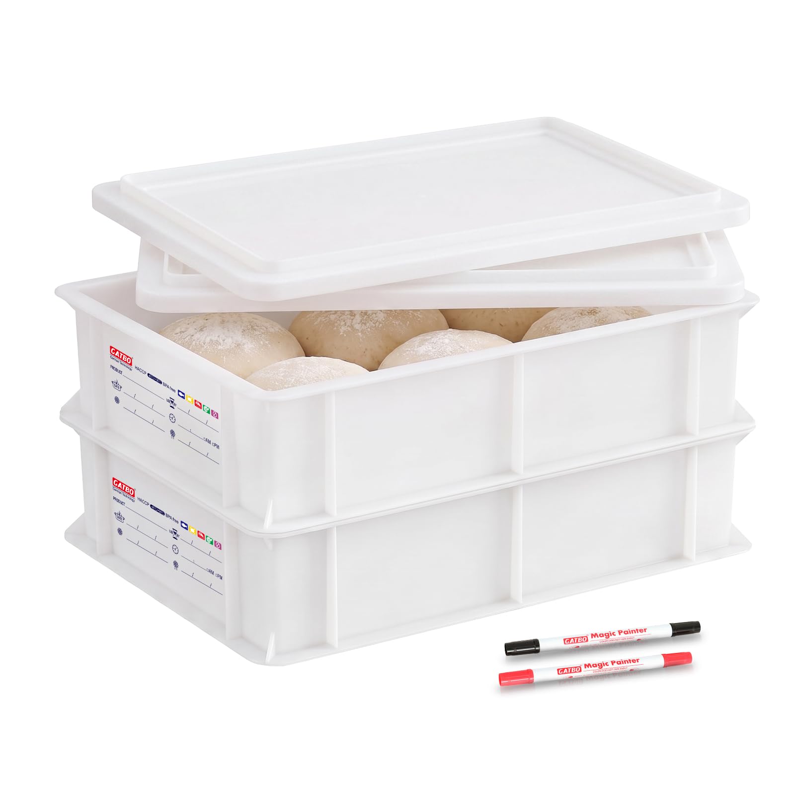GATBO 2-Pack Pizza Dough Proofing Box with Lid, 24L Stackable Commercial-Grade Trays with 2 Wipeable Markers for Home Bakers & Light Commercial Use, 2 Lids Included (40cm x 30cm x 10cm)