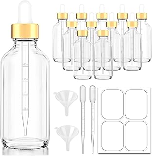 Dropper Bottles, 4oz Clear Glass Eye Dropper Bottle for Essential Oils with Labels and Funnels, 12 Pack Tincture Bottles with Golden Top (Unbreakable Plastic Dropper with Measurements)