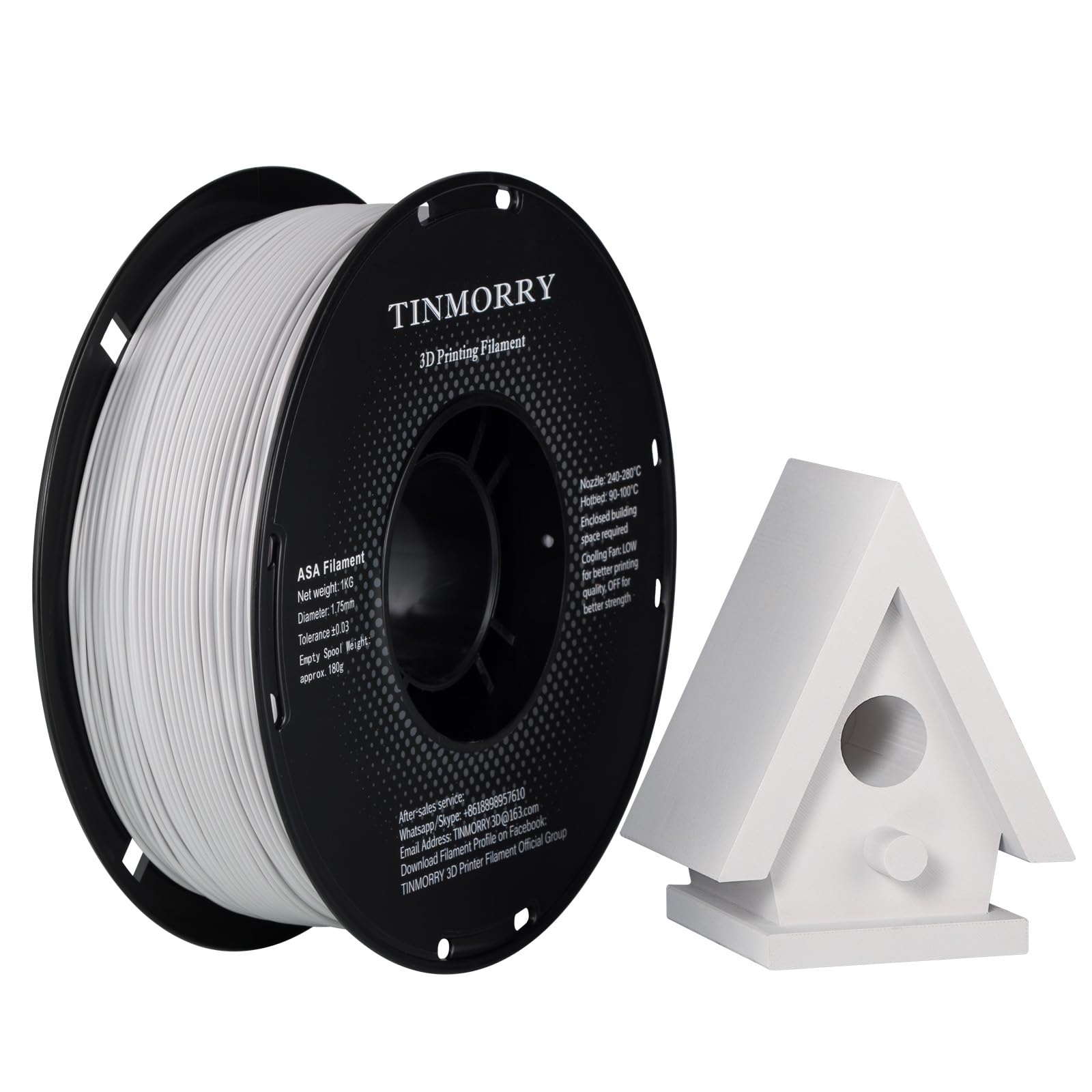 TINMORRY ASA Filamento 1.75 mm, Resistente ai raggi UV e al calore, durevole e resistente, Precisione dimensionale +/- 0.03 mm, Perfetto per la stampa di articoli da esterno, bobina da 1 kg, Bianco