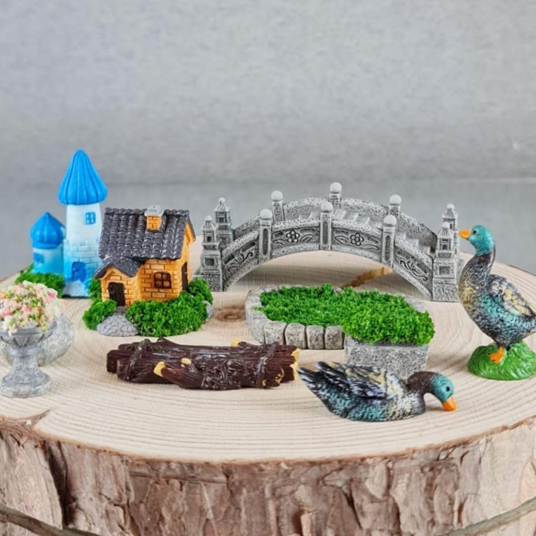 SATYAM KRAFT 1 Set Garden Miniature House Showpieces | Decorative Figurines for Home Decor, Office Desk, New Year, Shelf, Bedroom, Living Room, Tabletop Gifting Display (9 Pcs)