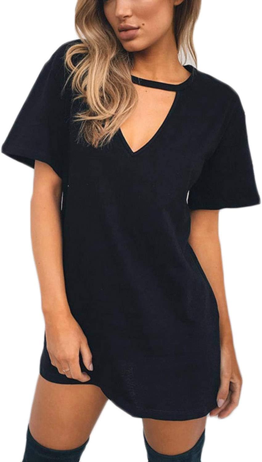 Women Mini T Shirt Dress Summer Choker Sexy Juniors Dresses V Neck Long Tops