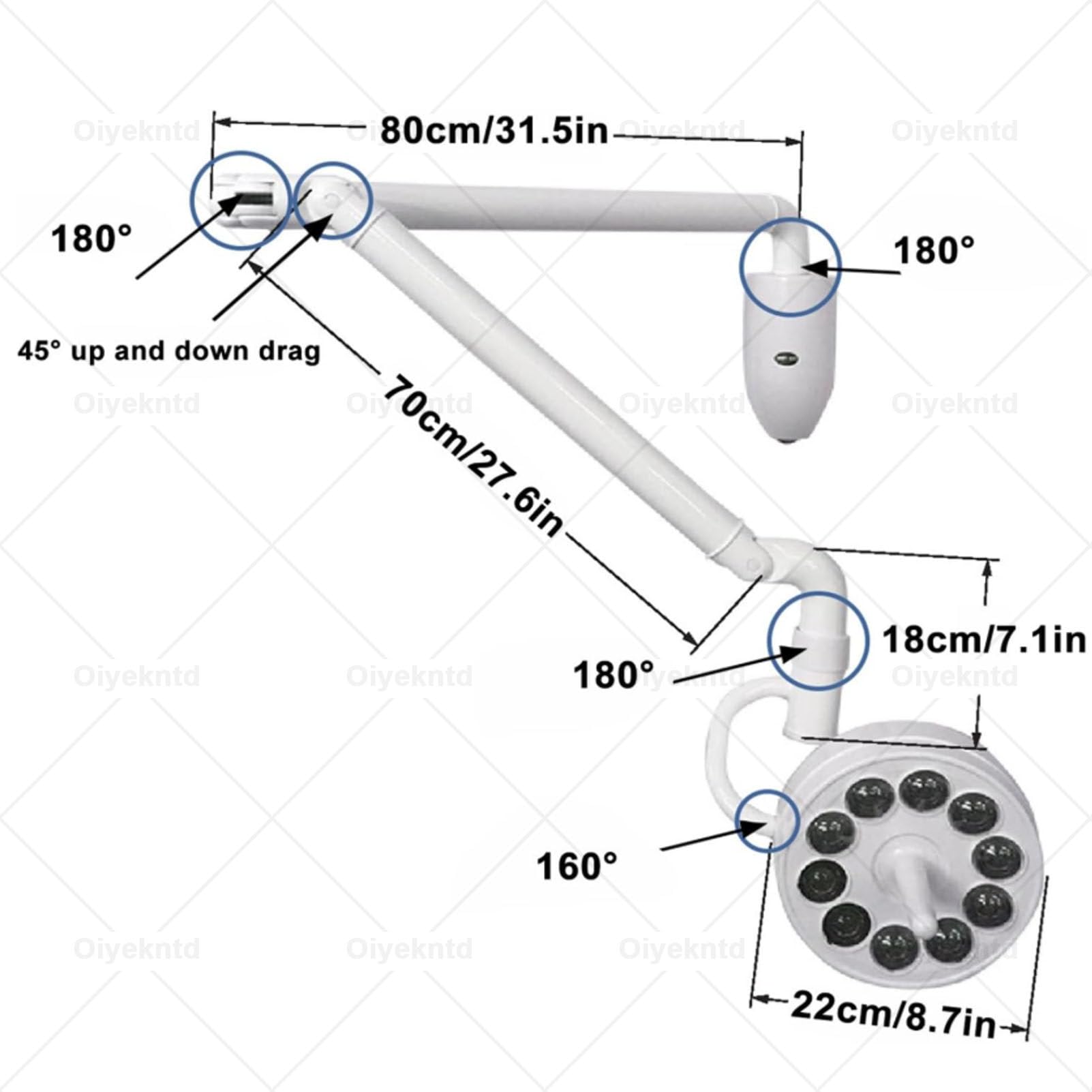 Lampa ścienna, lampa LED do badań chirurgicznych, obrotowa o 180° lampa do badań chirurgicznych, lampa ginekologiczna, ambulatoryjna i do zabiegów stomatologicznych