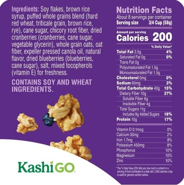 Cold Breakfast Cereal byKashi- Vegan Protein - Fiber Cereal - Mixed Berry Crunch - 17.7 Oz Box - Pack of 2