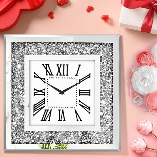 Hoibai Clocks For Living Room Decor Modern Silver Crystal Diamond Clock Large Mirror Deorative Wall Clock For Living Room, Bedroom, Kitchen, Dinning Room, Wall Decoration, Home Decor (Square,13 Inch) #TOP1