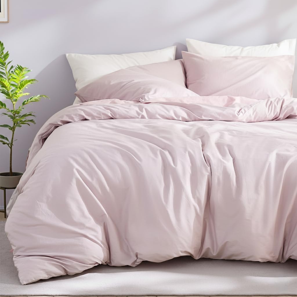 100% Cotton Comforter Set Twin Size – Pink, Linen-Like Texture, Super Soft & Breathable Lightweight Bedding Set, 3-Piece Durable Percale Comforter for All Seasons