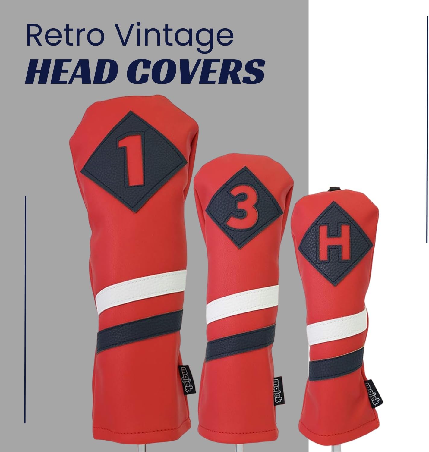 Majek Retro Golf Headcovers Red with White and Blue Stripe Vintage Leather Style 1 3 H Driver Fairway Wood and Hybrid Head Cover Classic Look