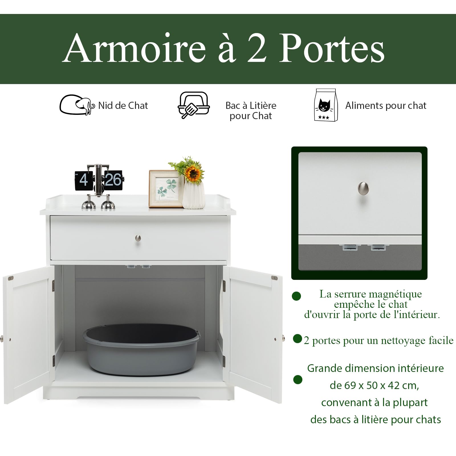 SOARS Mobile Lettiera per Gatti con 2 Ante e Cassetto, Armadio per Gatto in Legno con Ingresso Laterale, Grotta Rifugio Multiuso per Soggiorno, Camera da Letto e Ingresso, 76 x 53 x 74 cm (Bianco)