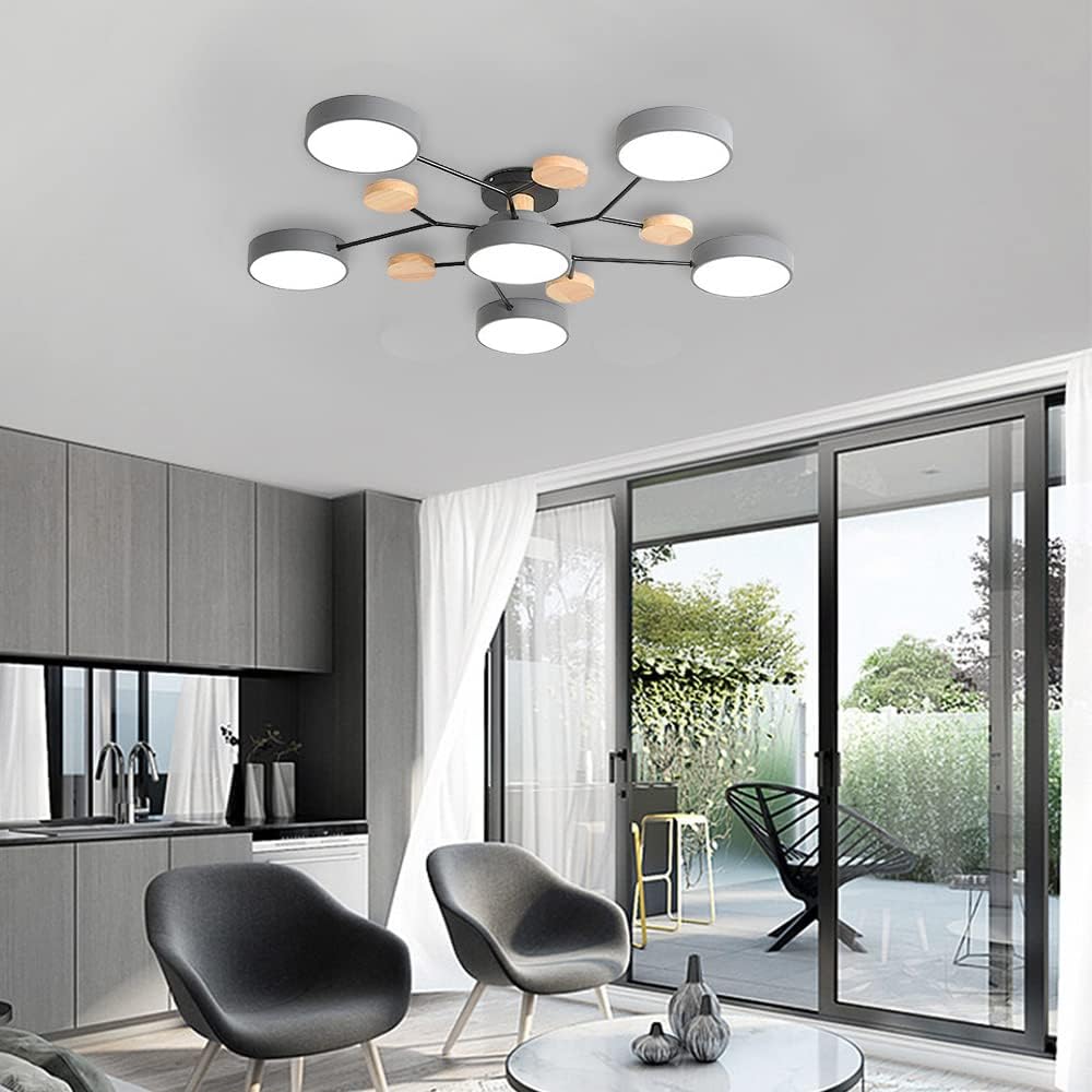 Modern LED Dimmable Flush Mount Ceiling Light Fixture, 66W Gray Wood Chandeliers for Dining Room, 6 Lights for Bedroom Living Room Kitchen Ceiling Lamp