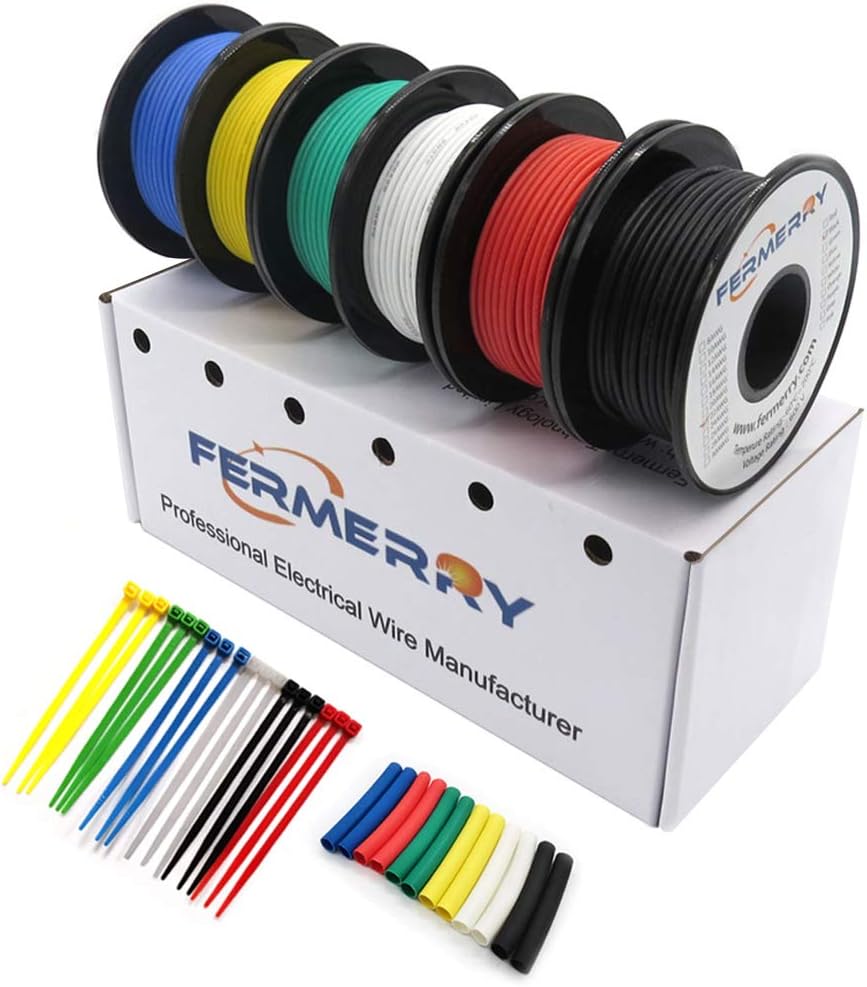 Fermerry 16 AWG Stranded Wire Spool 10ft Each 6 Colors Flexible 16 Gauge Silicone Hook up Wire Kit Electrical Tinned Copper Wire