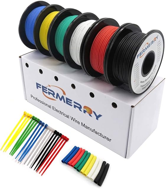 Fermerry 10 AWG Electrical Wire 5.25mm² Flexible Silicone Tinned Copper Wire Hook up Kit Stranded Wire Spool 10ft 3 Meter Each 6 Colors Gauge